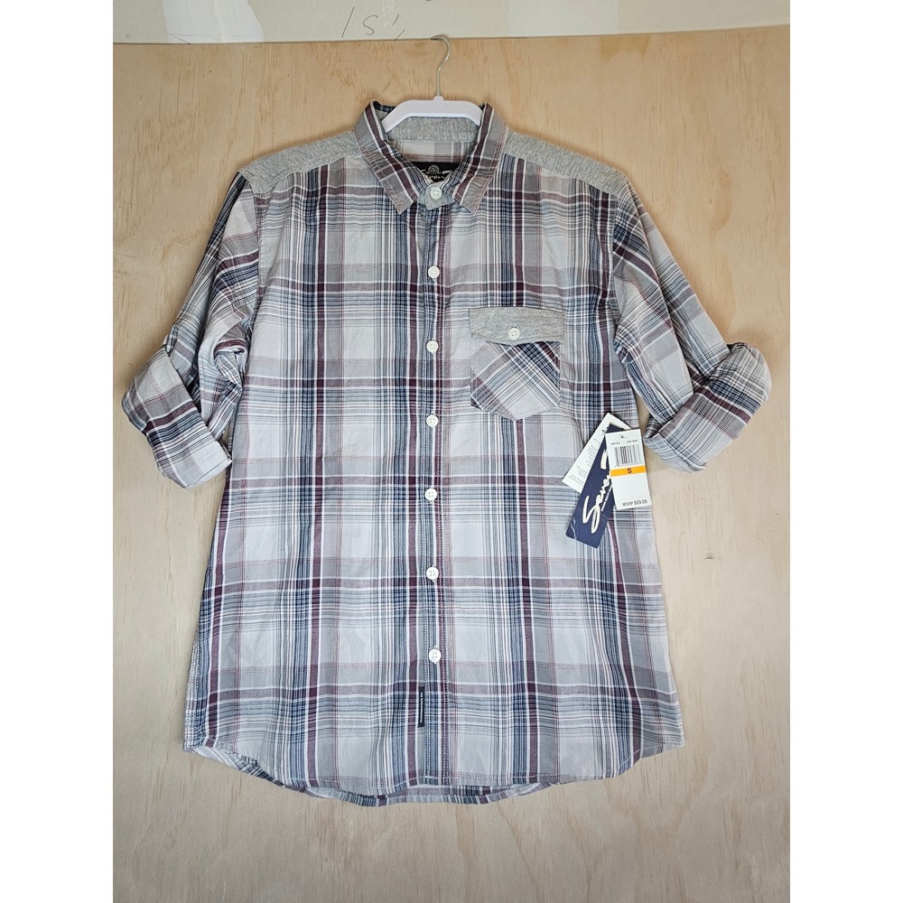 Seven7 Mens Ash Grey‎ Plaid Button Down Shirt Long Sleeve Cotton Small SNS7834